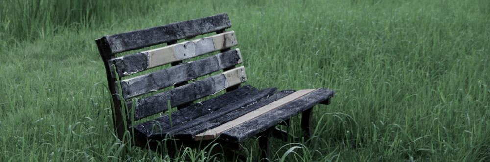 When Harvey Arrives by Greg Lemon An old bench in the grass, photo by Naoki Suzuki